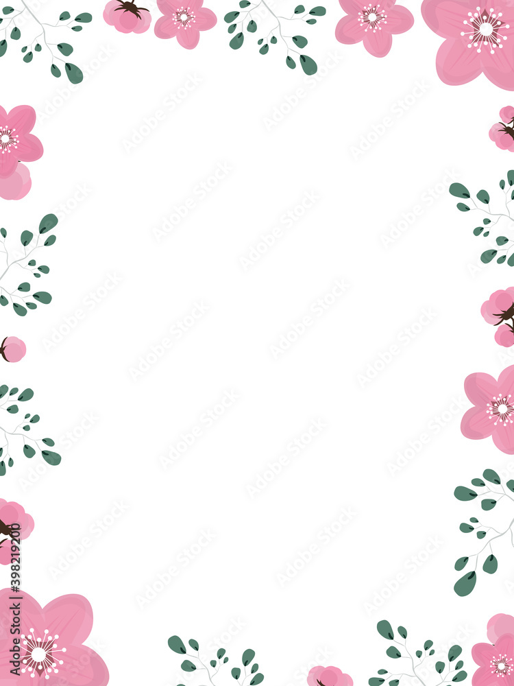 Frame made of flowers and leaves. Ready-made poster in gentle colors with place for text. Green and pink tones. Vector. Frame made of flowers and leaves. Ready-made poster in gentle colors with place for text. Green and pink tones. Vector.