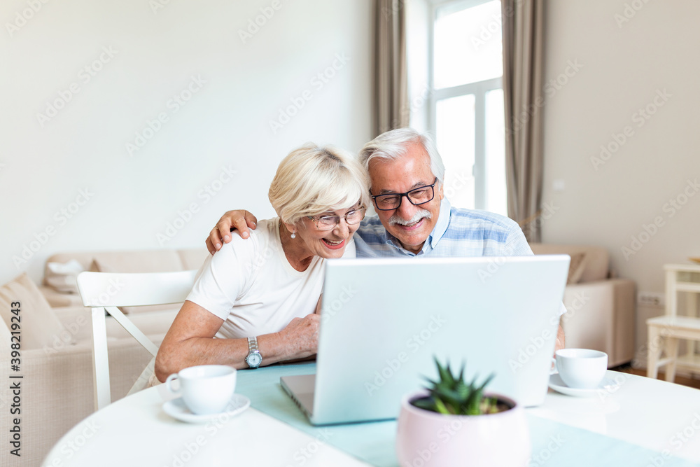 Obraz premium Happy senior couple with laptop having video call. Retirement senior couple lifestyle old age, communicate connecting technology people, quarantine concept.