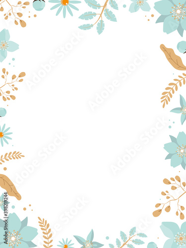 Frame made of flowers and leaves. Ready-made poster in gentle colors with place for text. Wide template for design and print. Green and brown tones. Vector.