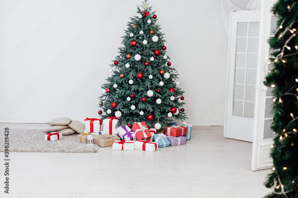 New Year's Happy Christmas Tree decor presents interior postcard New Year's Happy Christmas Tree decor presents interior postcard