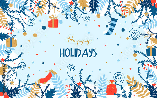 Colorful decorative Christmas background with many festive elements, twigs, gifts and the inscription Happy Holidays. Cozy flat cartoon holiday illustration. Happy New Year And Merry Christmas cards