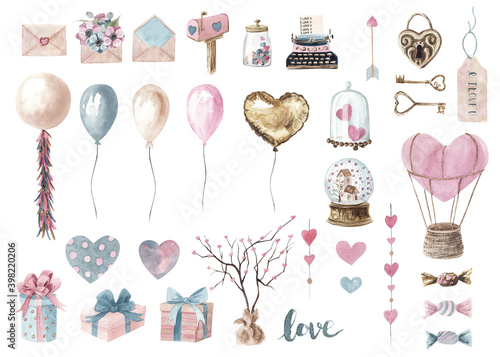 Hand drawn Watercolor big set of elements for Valentine's day. 14 february. Hearts, sweets, typewriter, balloons, gold balls, gifts and other cute items in trendy colors.
