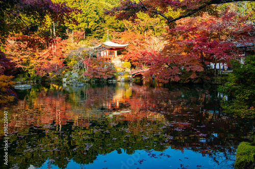 京都　醍醐寺　弁天池と弁天堂　紅葉