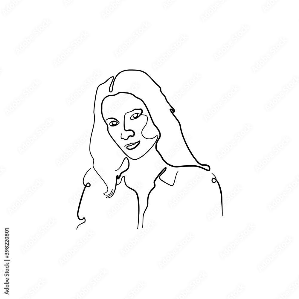Single line drawing of a woman portrait Isolated on white background. Stock vector illustration.