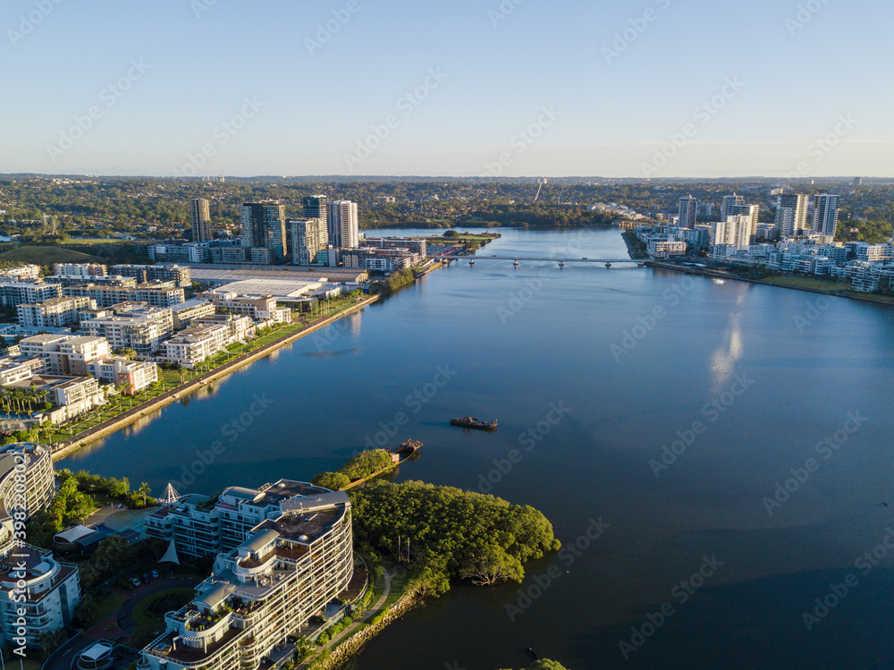 Fototapeta premium Aerial view of Homebush Bay, Sydney, Australia.