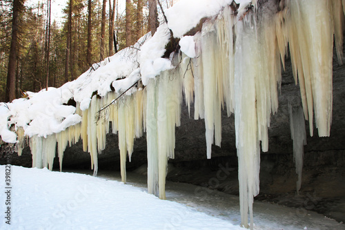 huge ice icicles, frozen waterfall