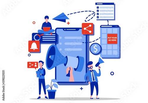 Promoter speaks in big megaphone and attracts buyers of investors and businessmen. People characters listen to the announcement. Concept of advertisement, marketing, promotion. Vector illustration