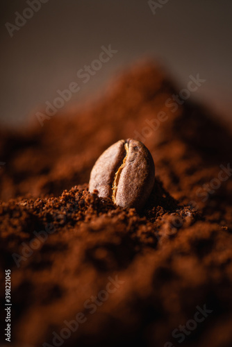Roasted coffee bean on the mound of ground coffee. Macro shot. Coffee theme. Selective focus. Shallow depth of field. 