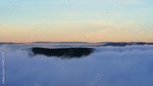Wallpaper Mural Beautiful landscape of Cau Dat, Da Lat city, Viet Nam. Early morning, forest trees with clouds and mist fog Torontodigital.ca
