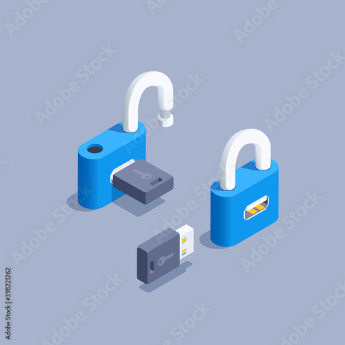 isometric vector illustration on gray background, blue padlock and usb key