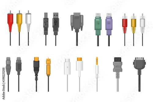 Cables and plug connectors set. Wire connections for ethernet, hdmi, vga, usb, video, audio ports. Vector illustration for cord network, compute, communication, hardware concept