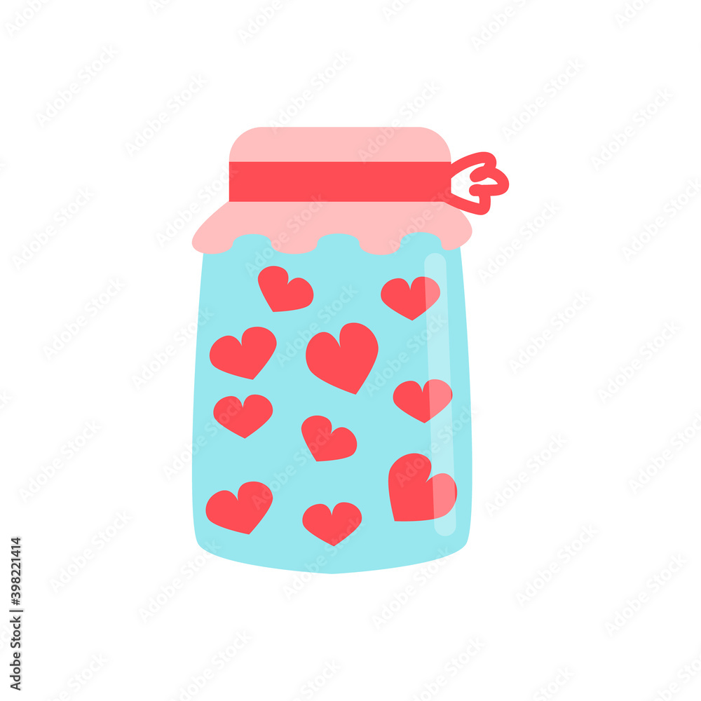 Cute glass jar with hearts. 14 february, Valentine s Day, Love, wedding concept. Flat illustration. Cute glass jar with hearts. 14 february, Valentine s Day, Love, wedding concept. Flat illustration.