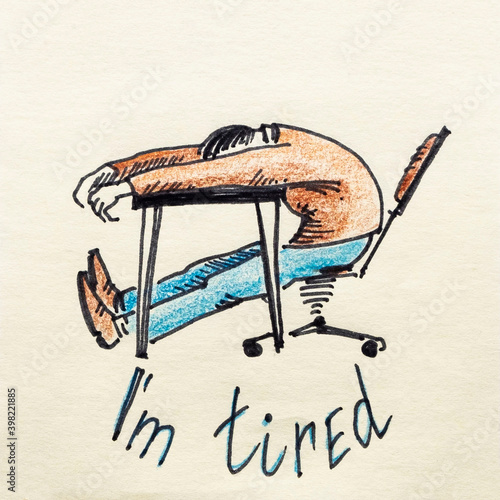 Tired young man sleeps in the workplace, on a chair. Pencil drawing, illustration. Message.