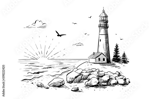 Vector landscape sketch - lighthouse, coastline, rocks, ocean, sunset.