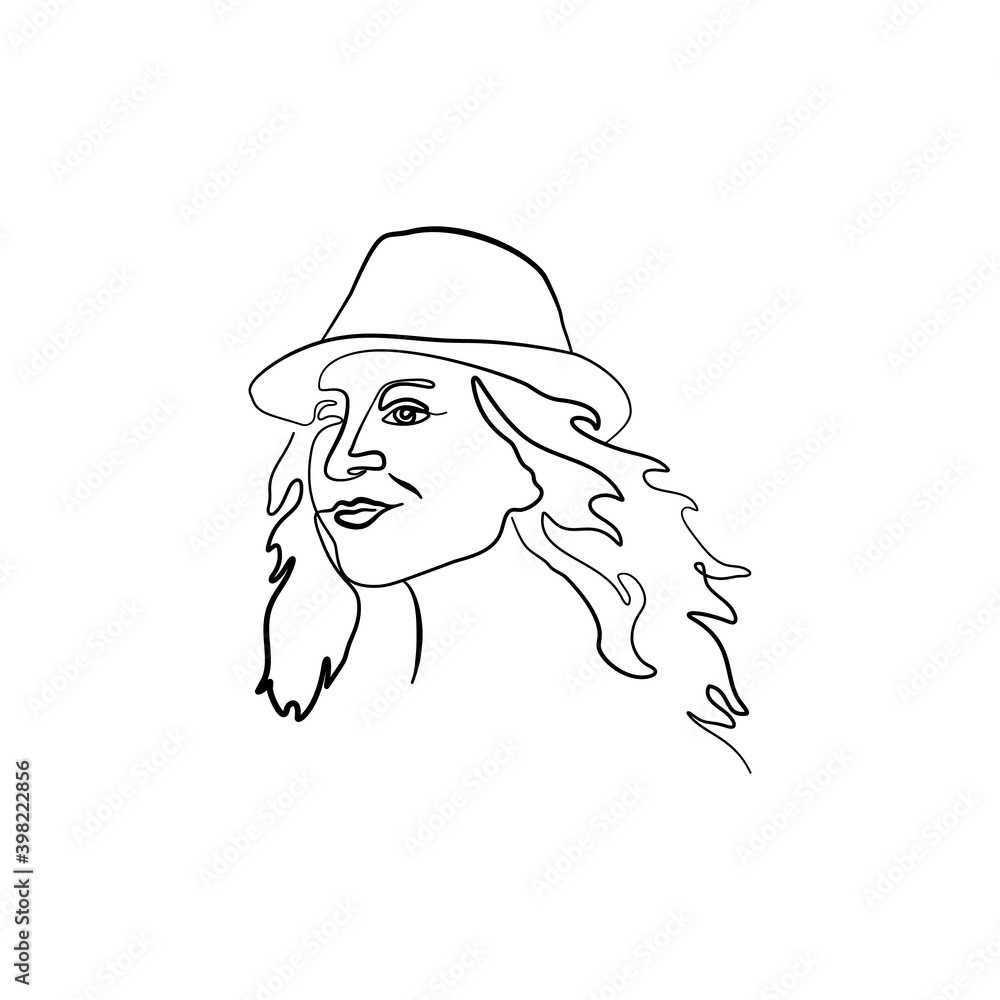 Single line drawing of a woman in a hat portrait. Isolated on white background. Vector illustration. Single line drawing of a woman in a hat portrait. Isolated on white background. Vector illustration.