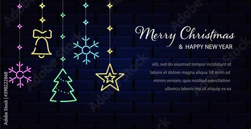 Christmas hanging neon decoration, glowing colored ornament isolated background, vector illustration. Concept of Happy New Year and Merry Christmas.