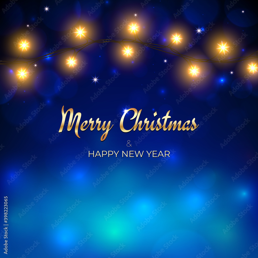 Fototapeta premium Merry Christmas and happy new year holiday greeting card. Golden christmas lights. Glowing xmas lights on blue background. Vector holiday xmas party banner design