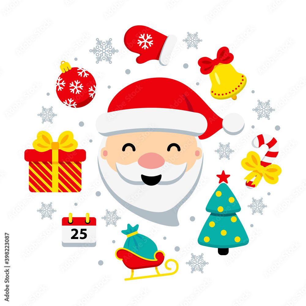 Merry Christmas circle concept. Santa Claus with icons around. Merry Christmas and New Year 2021 cute flat vector illustration