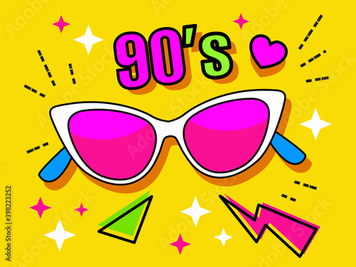 Neon retro cat's eye lens sunglasses collection 90s. Women's and men's accessory from 80s. Optics, lens, vintage, 
trend. Vector illustration. 
