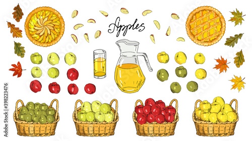 Set of apples, apple slices, apple pies, apple juice jug, basket of harvest