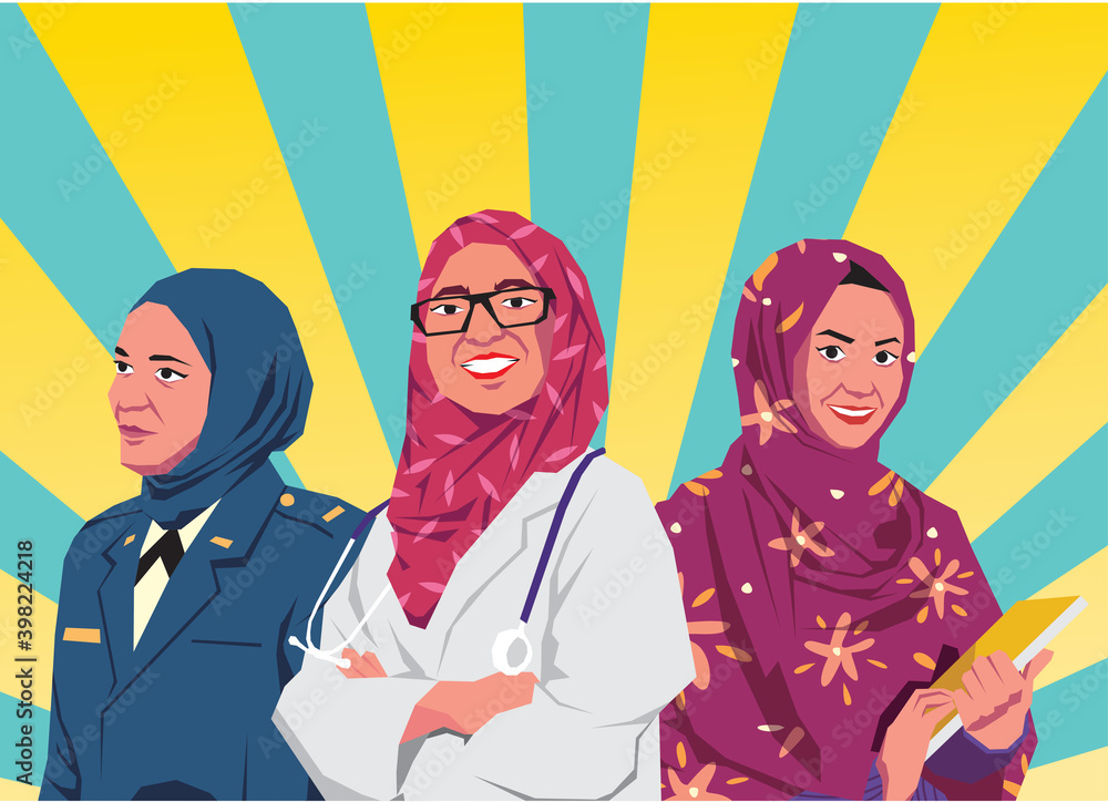vector illustration of three women muslimah professions: chaplain, doctor, student vector illustration of three women muslimah professions: chaplain, doctor, student