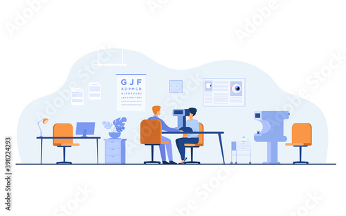 Professional ophthalmologist examining patient eyes isolated flat vector illustration. Cartoon oculist making surgery laser correction. Optical medicine and oculists office interior concept