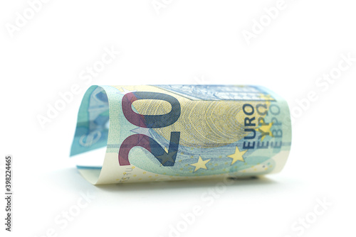 Closeup of twenty euros bank naote on white background