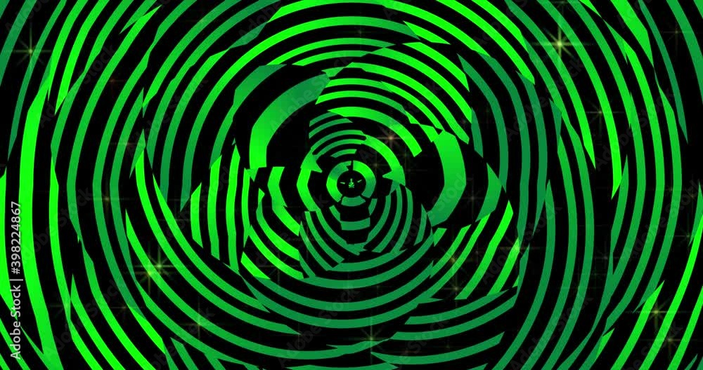 Blocks of glowing green stripes rotate around the center of the frame against a dark background with twinkling stars Blocks of glowing green stripes rotate around the center of the frame against a dark background with twinkling stars
