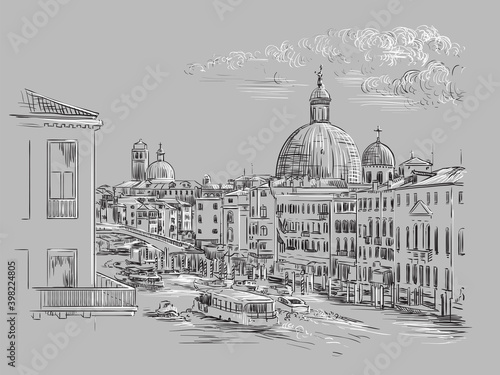 Venice hand drawing vector illustration Grand canal gray