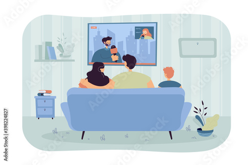 Happy family with kid sitting on sofa and watching news isolated flat vector illustration. Back view of cartoon people on coach in living room. TV show and entertainment concept