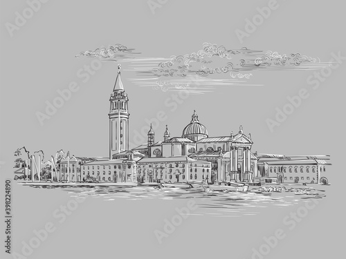 Venice hand drawing vector illustration panorama gray