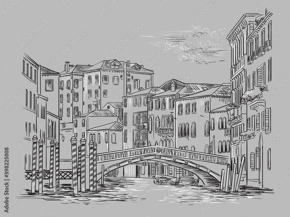 Obraz premium Venice drawing illustration bridge on canal gray