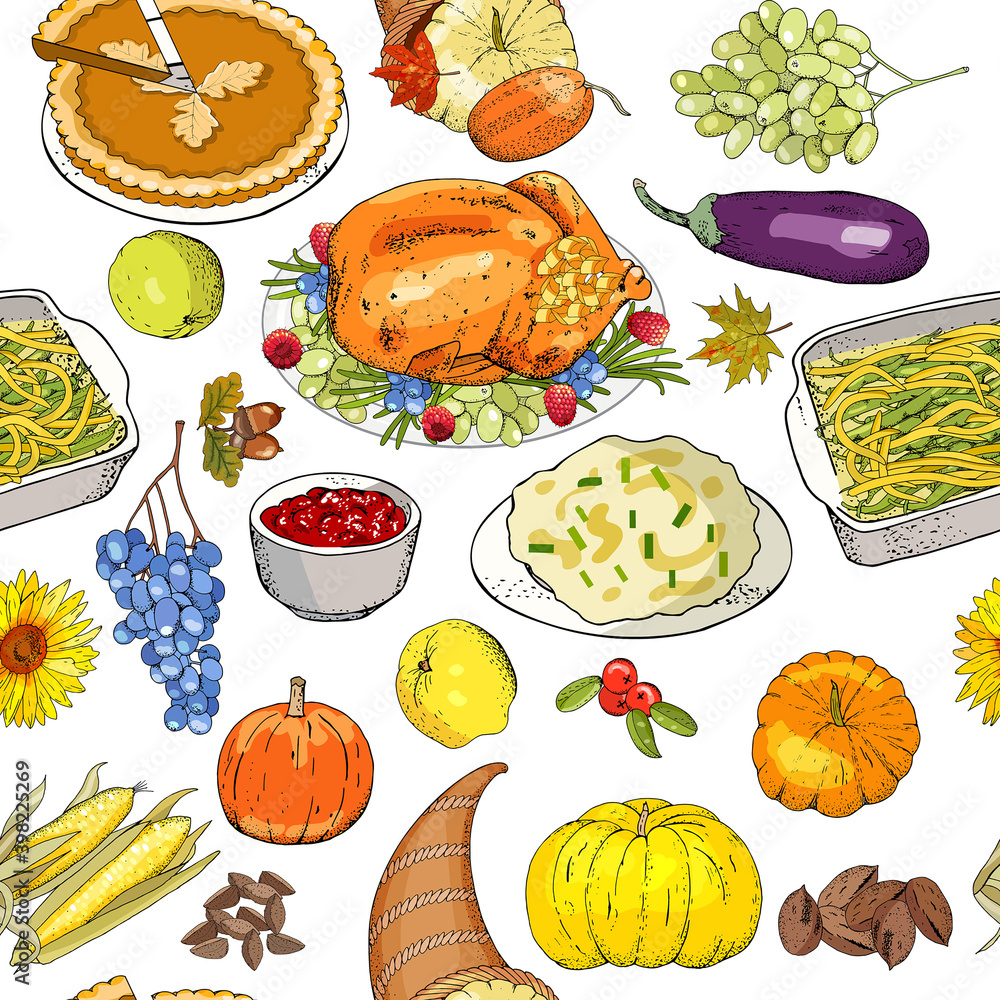 Fototapeta Thanksgiving autumn seamless pattern with traditional dishes and symbols izolate on white.