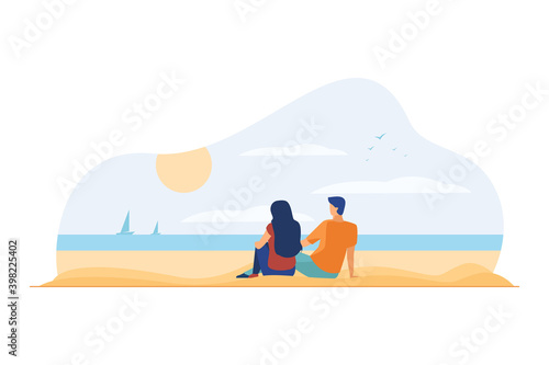 Happy couple sitting on beach and watching seascape. Date, sea, sunset flat vector illustration. Recreation and love concept for banner, website design or landing web page