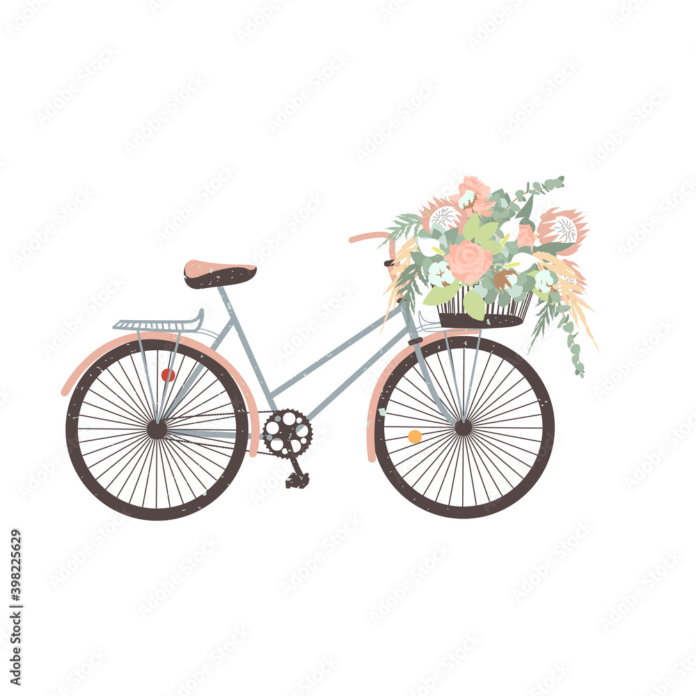 Elegant hand drawn pastel boho wedding bicycle with a flowers bouquet in basket. Isolated on white background. Stock vector illustration.