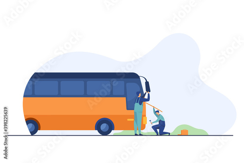 Repairmen servicing and repairing bus. Technician, vehicle, transport flat vector illustration. Maintenance and transportation concept for banner, website design or landing web page