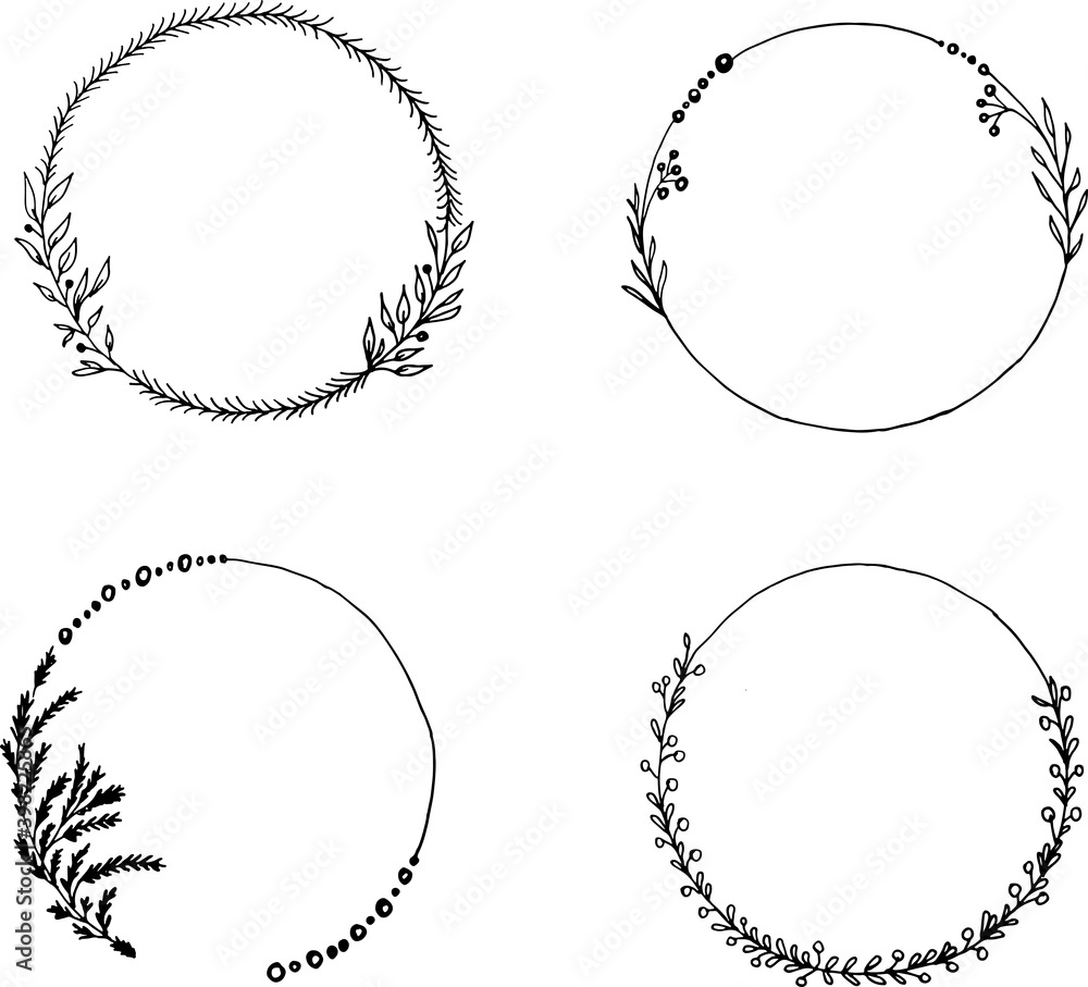 Fototapeta premium Hand drawn vector frame. Clipart. Floral wreath with leaves for New Years, Christmas, weddings and celebrations. Decorative elements for the design of cards, invitations .set of frames with flowers