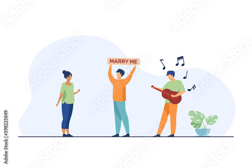 Happy guy proposing marriage to woman. Guitar, girlfriend, lover flat vector illustration. Love and relationship concept for banner, website design or landing web page