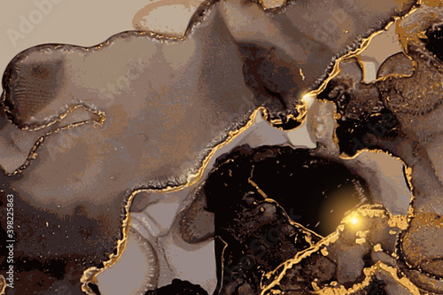 Black, grey and gold marble pattern. Alcohol ink technique stone texture. Abstract vector background. Modern paint with glitter. Banner, poster design template.