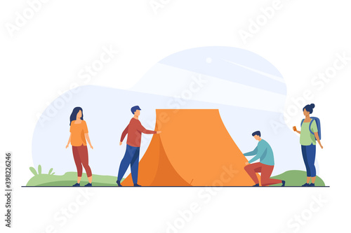 Guys putting up tent on nature and women watching. Camp, backpack, travel flat vector illustration. Adventure and weekend concept for banner, website design or landing web page