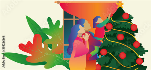 Big Happy Family Decorate Christmas Tree Together Prepare for Winter Holidays Celebration Hanging Balls and Star on Top of Spruce, People Celebrating New Year at Home. Cartoon Flat Vector Illustration