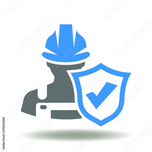 Worker in hard hat with shield and check mark icon vector. Work Safety First Compliance Symbol.