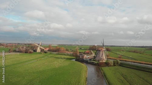 aerial view of typical Dutch windmills; Maasland, Netherlands; Maasland, Netherlands photo