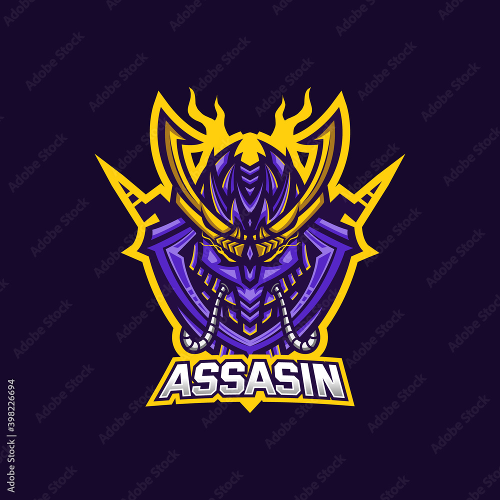 Assassin esport gaming mascot logo template for streamer team. esport logo design with modern illustration concept style for badge, emblem and tshirt printing Assassin esport gaming mascot logo template for streamer team. esport logo design with modern illustration concept style for badge, emblem and tshirt printing
