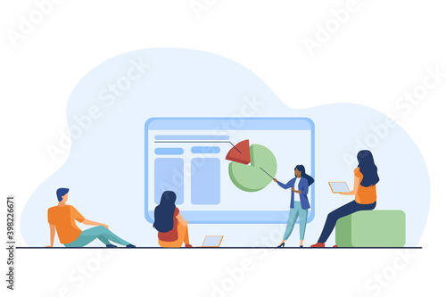 Tiny presenter explaining statistics to colleagues. Chart, laptop, coach flat vector illustration. Marketing and business concept for banner, website design or landing web page