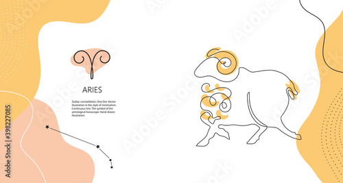 Zodiac background. Aries constellation. Horizontal banner. One line.