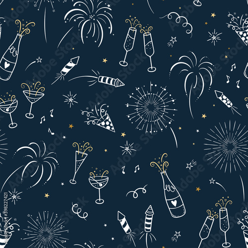 Lovely hand drawn party seamless pattern, great for New Year's Eve, banner, textiles, banner, wallpaper, wrapping - vector design