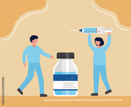 covid19 vaccine poster with female doctors injecting and vial