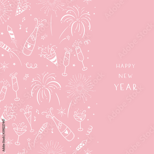 Lovely hand drawn New Years Design, doodle firework, cocktails, streamers and decoration, great for party invitations, banners, wallpapers - vector design