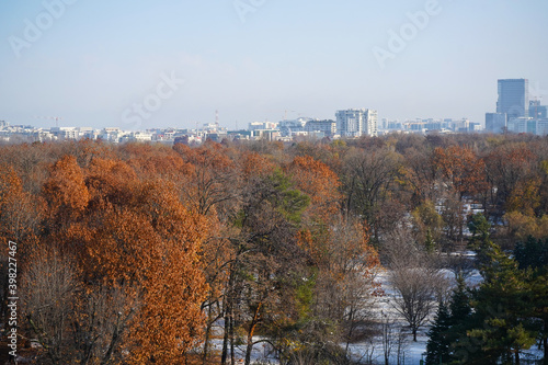 Bucharest, aerial view of the Arc de Triomphe, autumn landscape, autumn city, day photography, autumn colors